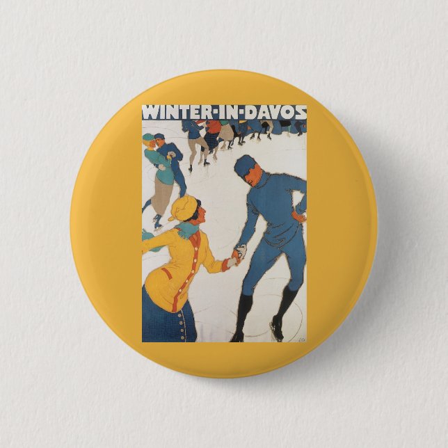 Vintage Travel, Art Deco, Winter Davos Switzerland Button (Vorderseite)