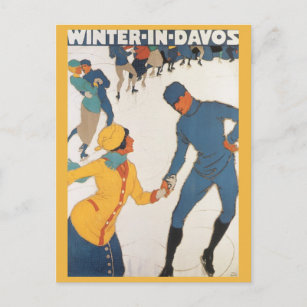 Vintage Travel, Art Deco, Winter Davos Switzerland Postkarte