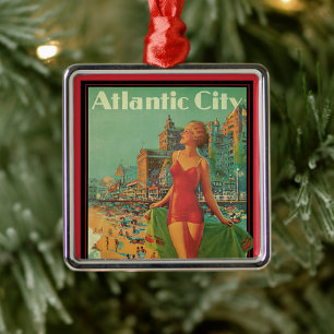 Vintage Travel, Atlantic City Resort Beach Blonde Ornament Aus Metall