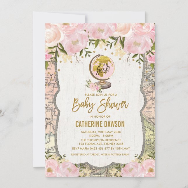 Vintage Travel Baby Dusche Blumen Einladung (Vorderseite)