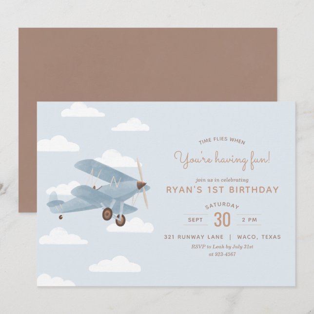 Vintage Travel Biplane Boy Geburtstagsparty Einladung (Vorne/Hinten)