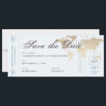 Vintage Travel Blue Tan Weltkarte Boarding Pass Save The Date<br><div class="desc">Hochzeit Sichern Sie das Date Boarding Pass Flugzeug Ticket Vorlage für eine Hochzeit in Urlaubsort mit antiker Landkarte oder Vintager globaler Ästhetik in verblasstem Blau und Bräunlich mit authentisch aussehenden Schriftart und vollständig bearbeitbaren Schriftart, Text und Farben, um Ihnen zu helfen, Ihre Reise Thema Flugzeug Ticket Hochzeitsdatum Ankündigung Karte mit...</div>