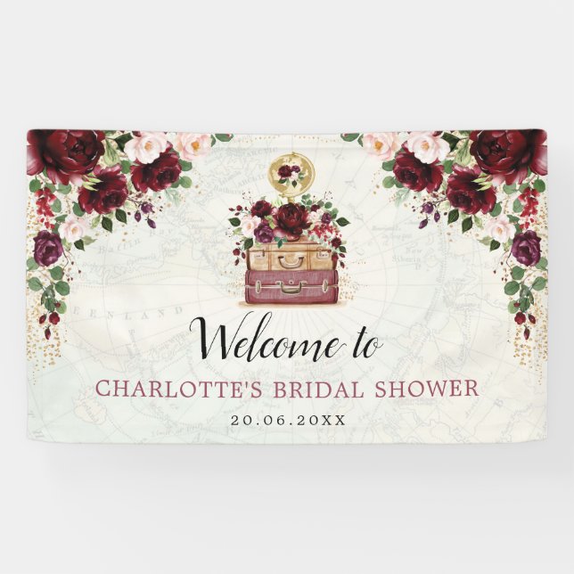 Vintage Travel Burgundy Blush Brautparty Banner (Horizontal)