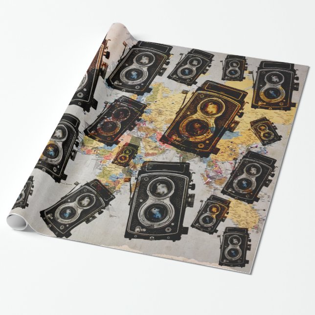 Vintage Travel Camera Muster Geschenkpapier (Ungerollt)