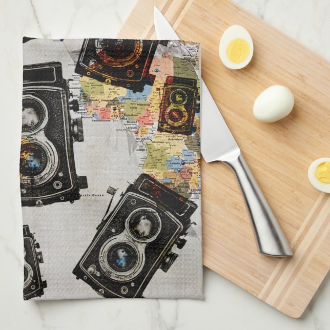 Vintage Travel Camera Muster Geschirrtuch (Viertel Falte)