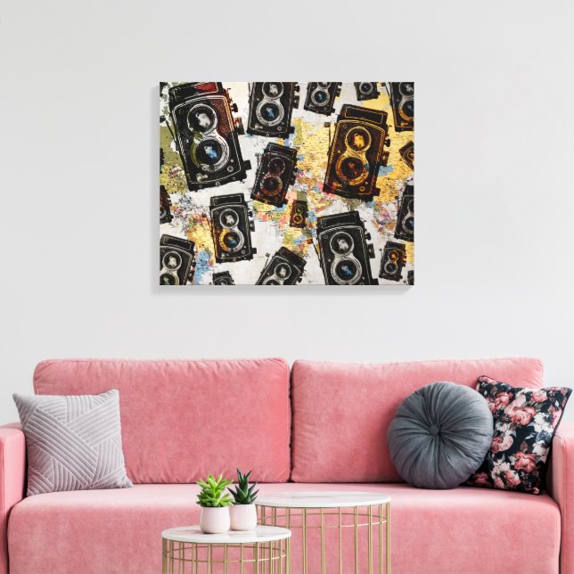 Vintage Travel Camera Muster Leinwanddruck (Insitu (Wohnzimmer))