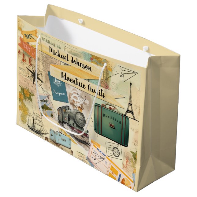 Vintage Travel Collage 2 Große Geschenktasche Geschenktüte (Vorderseite Schrägansicht)