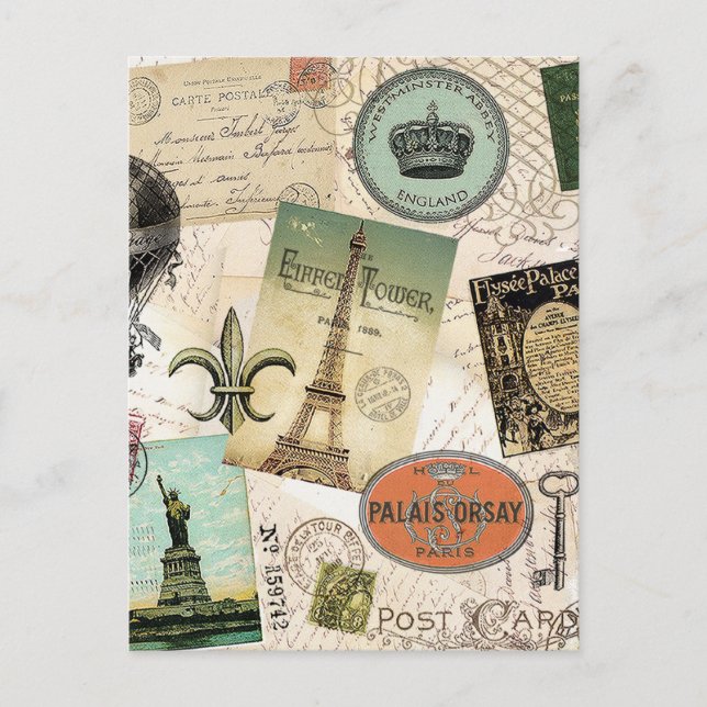 Vintage Travel Collage Postkarte (Vorderseite)