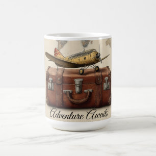 Vintage Travel Illustration mit Flugzeug Kaffeetasse