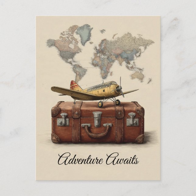 Vintage Travel Illustration mit Flugzeug Postkarte (Vorderseite)