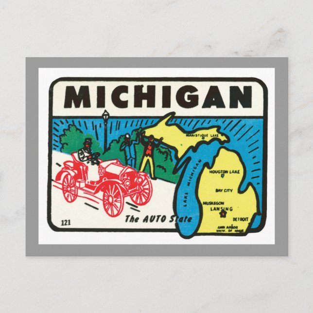 Vintage Travel Michigan MI Auto Staat Label Postkarte (Vorderseite)
