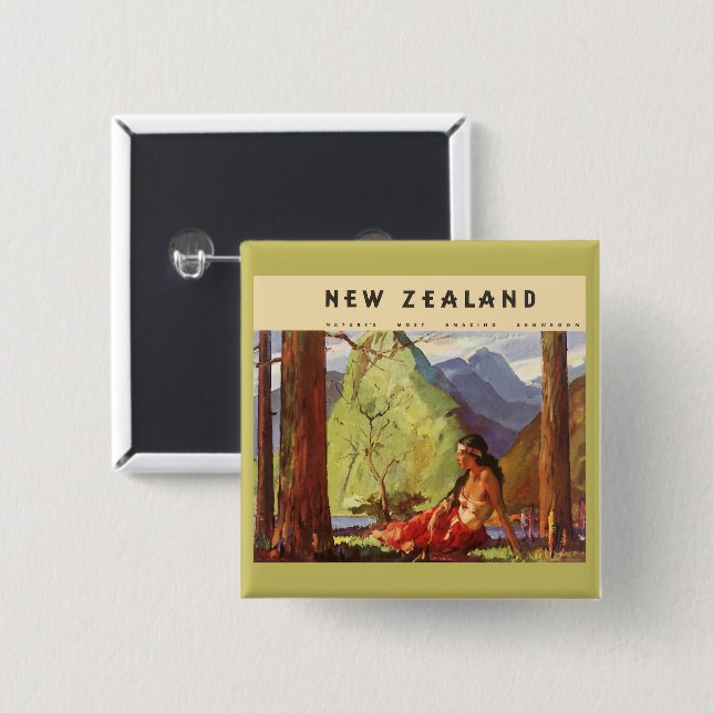 Vintage Travel, Neuseeland Landschaft Mutterfrau Button (Vorne & Hinten)
