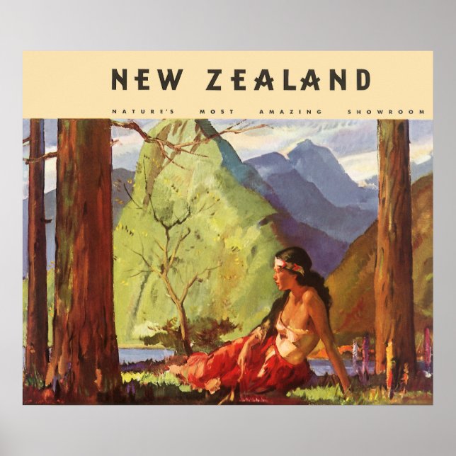 Vintage Travel, Neuseeland Landschaft Mutterfrau Poster (Vorne)