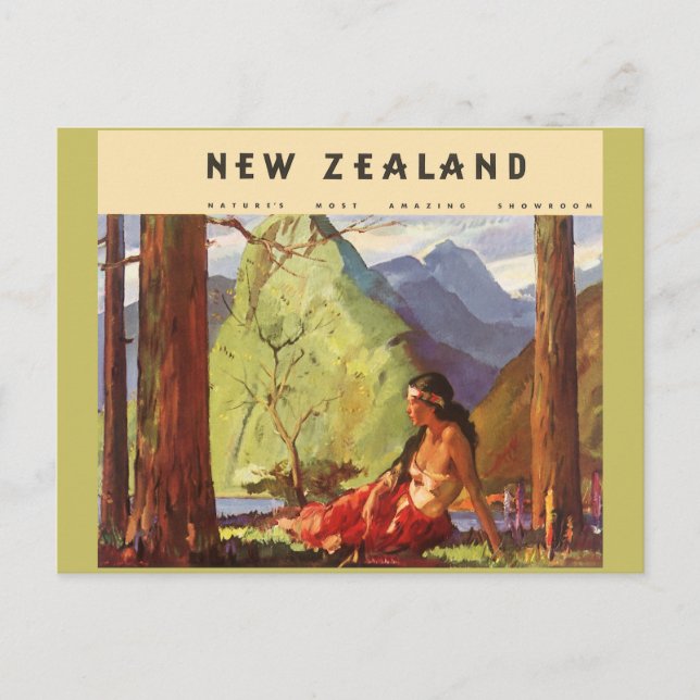 Vintage Travel, Neuseeland Landschaft Mutterfrau Postkarte (Vorderseite)