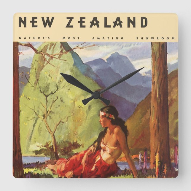 Vintage Travel, Neuseeland Landschaft Mutterfrau Quadratische Wanduhr (Vorderseite)