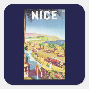 Vintage Travel Poster, Nizza, Côte d'Azur Quadratischer Aufkleber