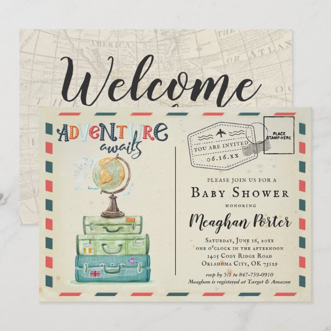 Vintage Travel Themed Baby Dusche Einladung (Vorne/Hinten)