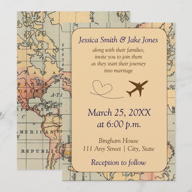 Vintage, Travel Themed Wedding Invite Einladung (Vorne/Hinten)