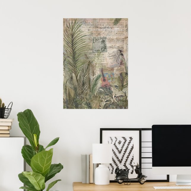 Vintage Tropical Leaves with Ukulele Poster (Heimbüro)