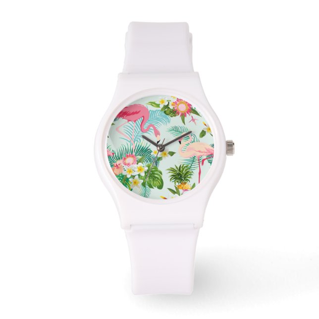 Vintage tropische Blume und Vögel Armbanduhr (Vorderseite)