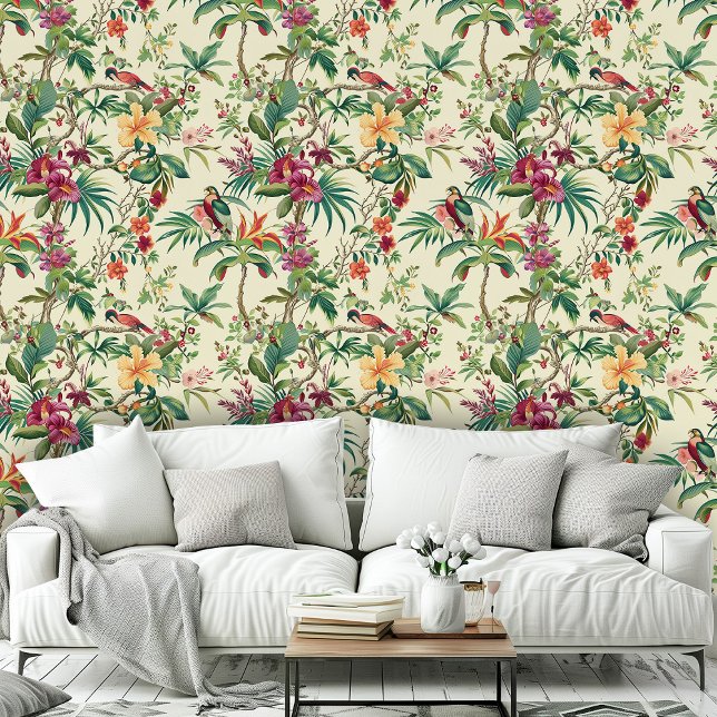 Vintage tropische Blume Vögel Rosa grünes Muster Tapete (Vintage Tropical Flowers & Birds Beige Pink Green Wallpaper)