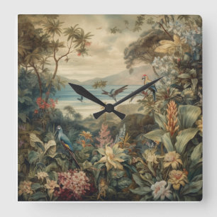 Vintage Tropische Botanische Paradies-Kunst Quadratische Wanduhr