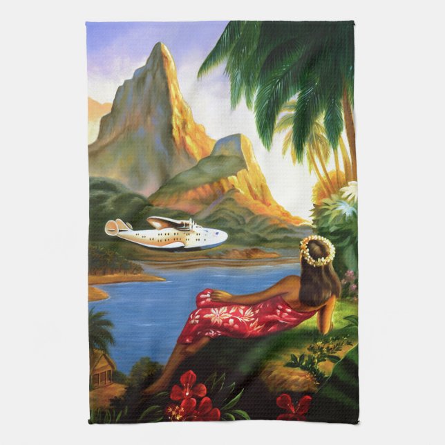 Vintage tropische hawaiische SeeFlugzeug-Palme Geschirrtuch (Vertikal)