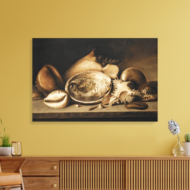 Vintage tropische Muscheln an der Steinkante Leinwanddruck (Insitu (Wohnzimmer))