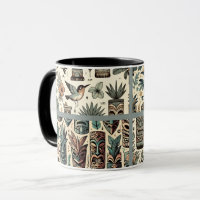 Vintage tropische Tiki-Masken und graugrüne Vögel