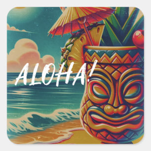 Vintage-Tropischer Tiki-Schirm-Trink-Luau-Party Quadratischer Aufkleber