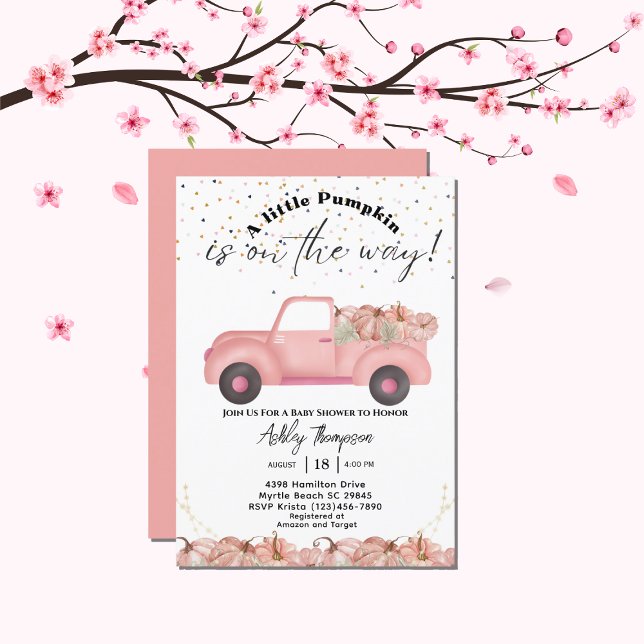 Vintage Truck  Fall Pink Pumpkin Baby Shower Einladung (Von Creator hochgeladen)