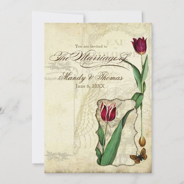 Vintage Tulips Angel Wings Roter Tee Einladung (Vorderseite)