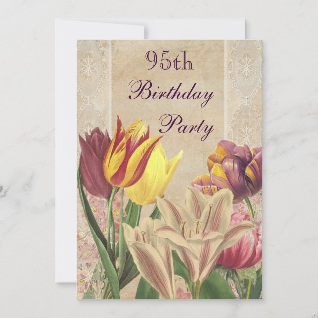 Vintage Tulips & Lilies 95. Geburtstag Einladung (Vorderseite)