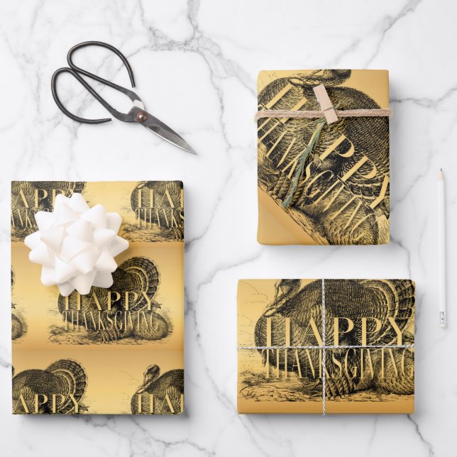 Vintage Türkei glücklich Thanksgiving WP 3p Geschenkpapier Set (Vorderseite)