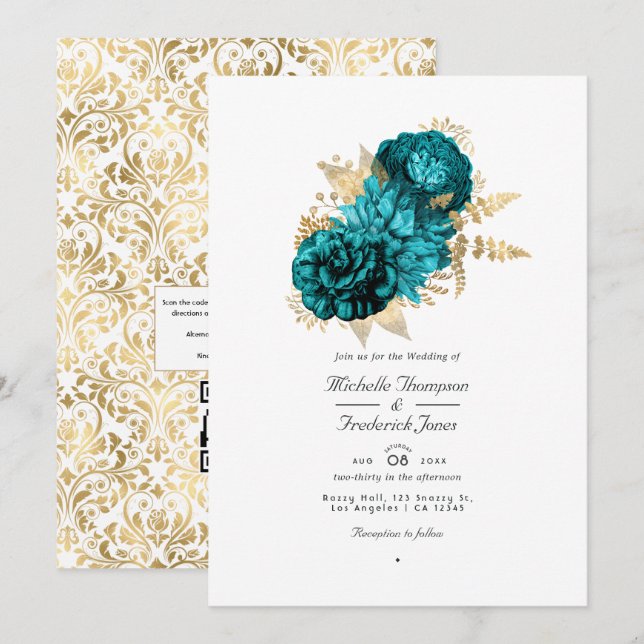 Vintage Türkis- und Goldfloralcode-Hochzeit Einladung (Vorne/Hinten)