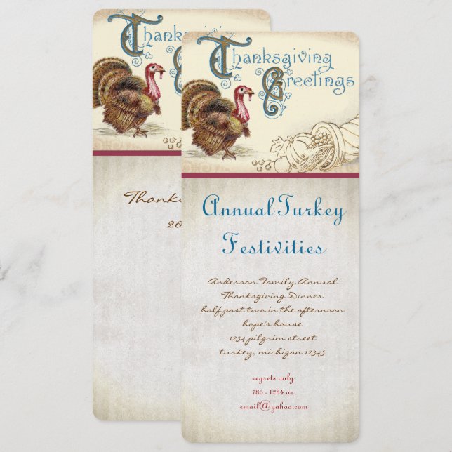 Vintage Turquie Thanksgiving Diner Invitations (Devant / Derrière)