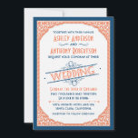 Vintage Typografie Navy Blue Coral White Wedding Einladung<br><div class="desc">Vintage Typografie und Blumenblätterumrandung Marineinfanterie oder marineblau, Korallenorange und weiße Hochzeitseinladung. Das Design umfasst Vintage oder Retro-Schriftart und Typografie. Ein einzigartiges Design für eine Vintage oder Retro-Hochzeit. Würde für eine Hochzeit im Frühling oder Sommer arbeiten. Sie können den ganzen Text personalisieren, außer wo es "Hochzeit" heißt. Um den Text zu...</div>