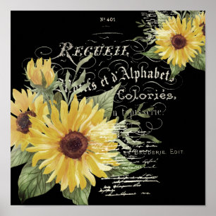 Vintage Typografie und Sonnenblumen auf schwarz Poster