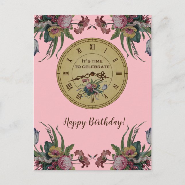 Vintage Uhr mit Blume Geburtstagsparty Einladungspostkarte (Vorderseite)