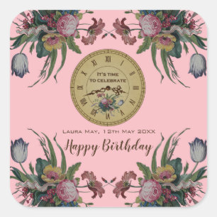 Vintage Uhr mit Blume Geburtstagsparty Quadratischer Aufkleber