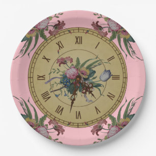 Vintage Uhr mit Blumen Pappteller