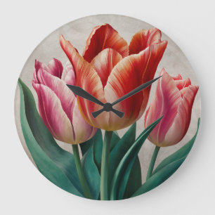 Vintage-Uhr mit rosa und pfirsichfarbenen Tulpen f Große Wanduhr