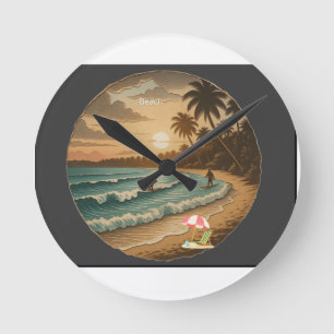 Vintage-Uhr mit tropischem Strand-Sonnenuntergang  Runde Wanduhr