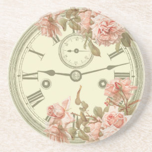 Vintage-Uhr und rosa Rosen Ephemera-Unterlage Getränkeuntersetzer