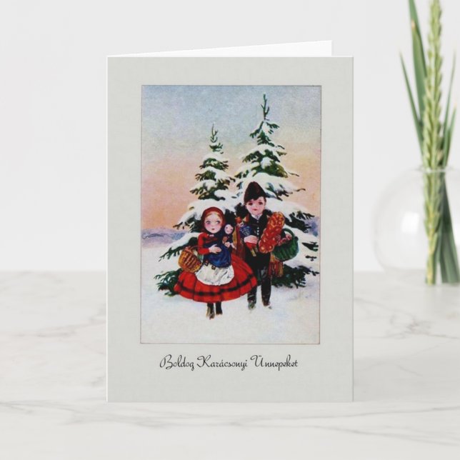 Vintage ungarische Weihnachtskarte Feiertagskarte (Vorderseite)