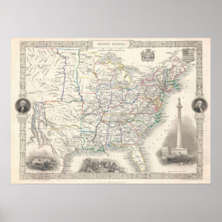 Vintage United Staaten Map von Tallis und Rapkin Poster