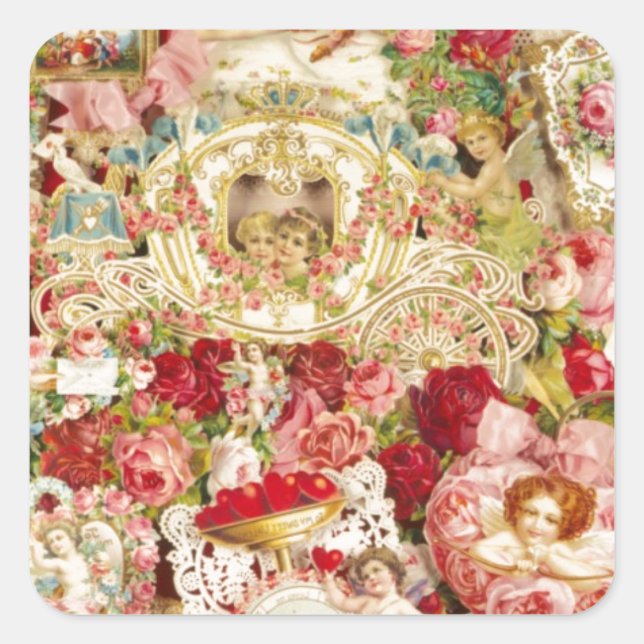 Vintage ValentinCollage Quadratischer Aufkleber (Vorderseite)