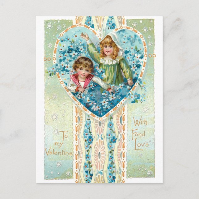 Vintage Valentine Children & Blue vergessen-Me-Not Postkarte (Vorderseite)