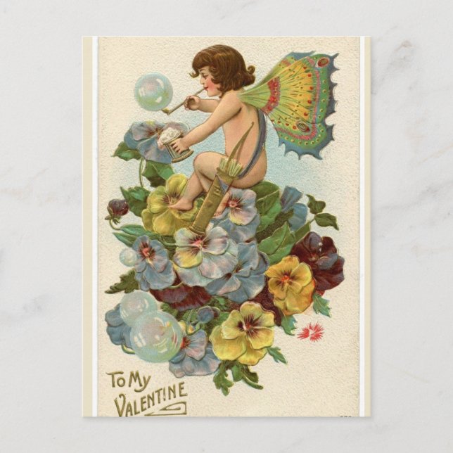 Vintage Valentine Fairy auf Stiefmütterchen Valent Postkarte (Vorderseite)
