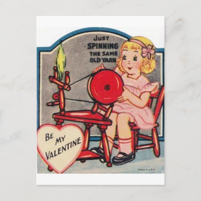 Vintage Valentine Girl Spinning Wool Feiertagspostkarte (Vorderseite)
